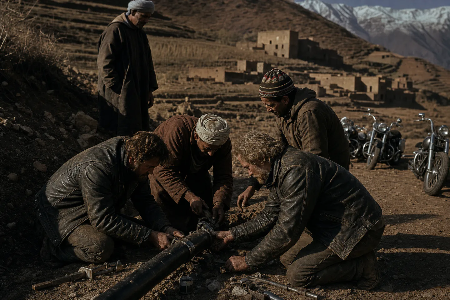 Travail collectif autour d’une conduite d’eau dans l’Atlas marocain